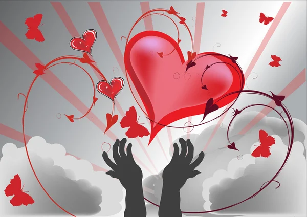 Human hands and red hearts on sky background — Stock Vector