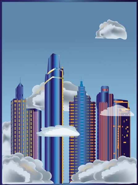 Skyscrapers in white clouds — Stock Vector