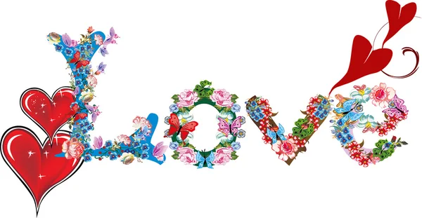 Liefde woord gevormd van verschillende bloemen — Stockvector