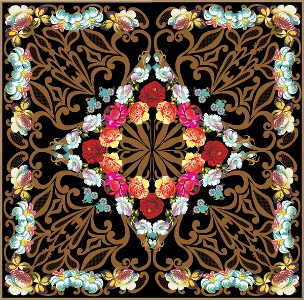 Decoración cuadrada floral roja y azul — Vector de stock