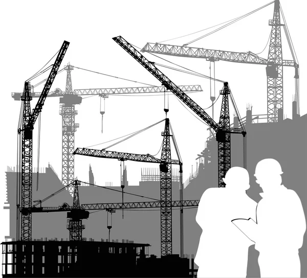 Builders and cranes silhouettes illustration — Stock Vector