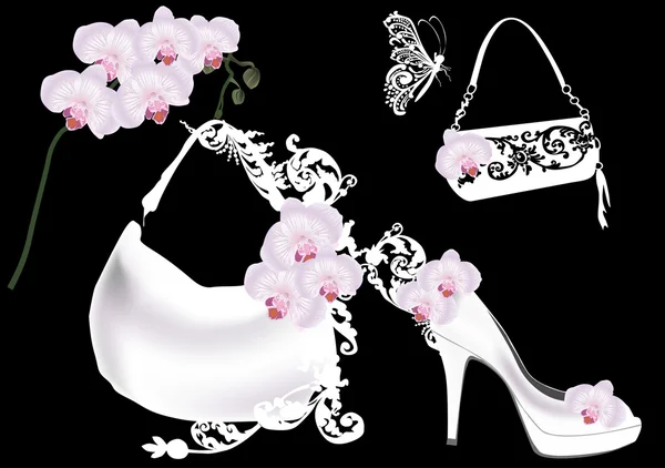 Handtaschen und Schuhe in rosa Orchideenblüten — Stockvektor