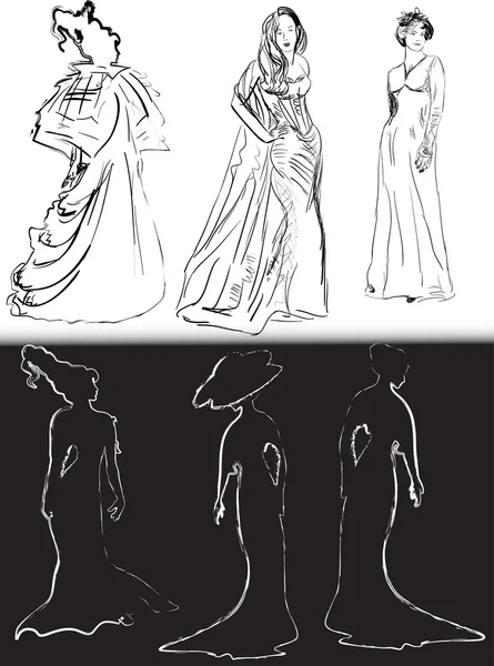 Femmes noires et blanches dans des croquis de robe classique — Image vectorielle