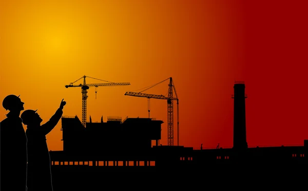 Workers at sunset industrial landscape — Stock Vector