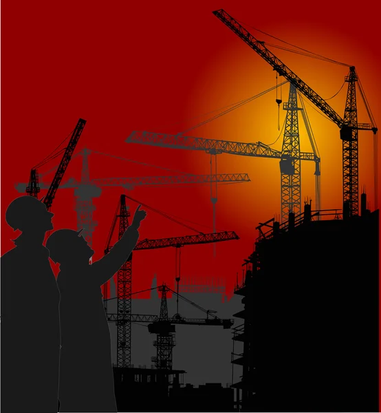 Arbeiter und Kraniche bei rotem Sonnenuntergang — Stockvektor