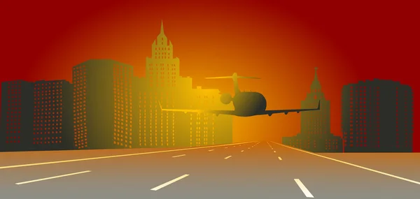 Avião na cidade ao pôr do sol ilustração — Vetor de Stock