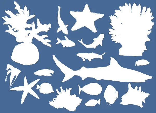 在蓝色海洋动物剪影集合 — 图库矢量图片