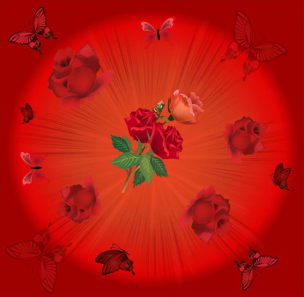 Red background with roses and butterflies — Stock Vector