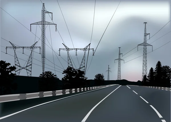 Lignes électriques au dessus de la route — Image vectorielle