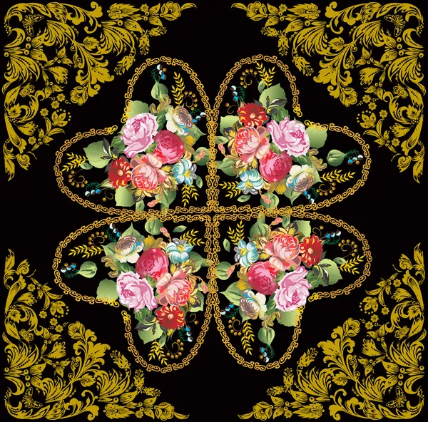 Moldura floral de ouro com rosas rosa — Vetor de Stock