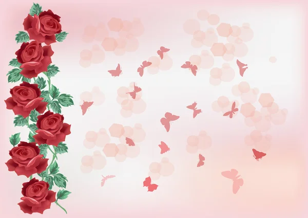 Design with red roses and small butterflies — Stock Vector