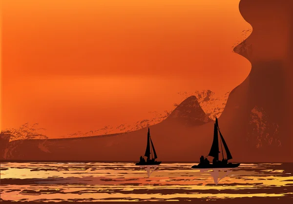 Deux silhouettes de yacht en mer au coucher du soleil orange — Image vectorielle