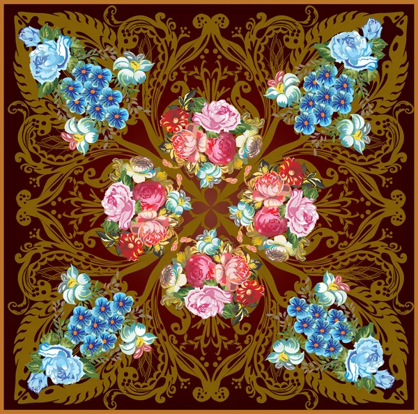 Сині і червоні квіти в коричневому декорованому квадраті — стоковий вектор