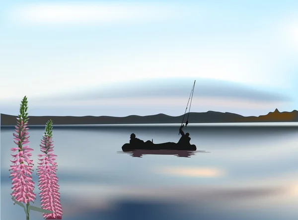 Fischer Silhouetten in großen See — Stockvektor