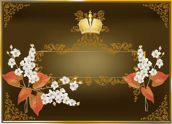 Marco marrón con corona y flores blancas — Vector de stock