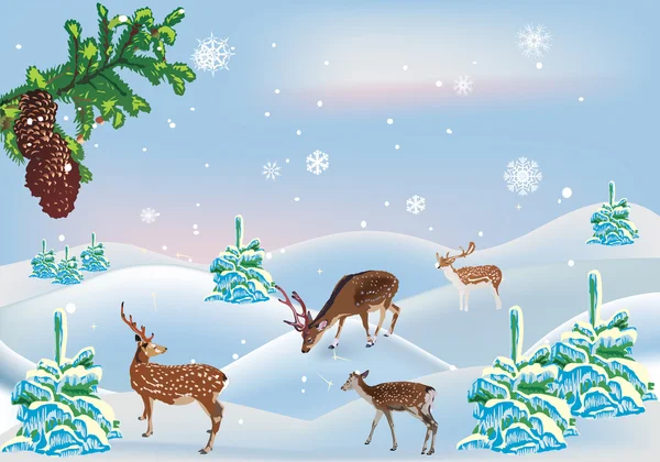 Four deers between snow firs — Stock Vector