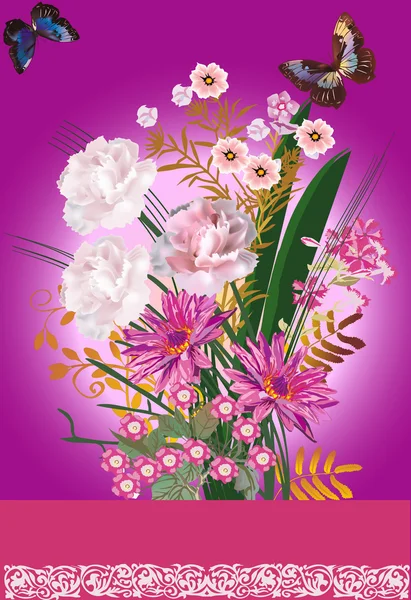 Deux papillons près de bouquet de fleurs — Image vectorielle