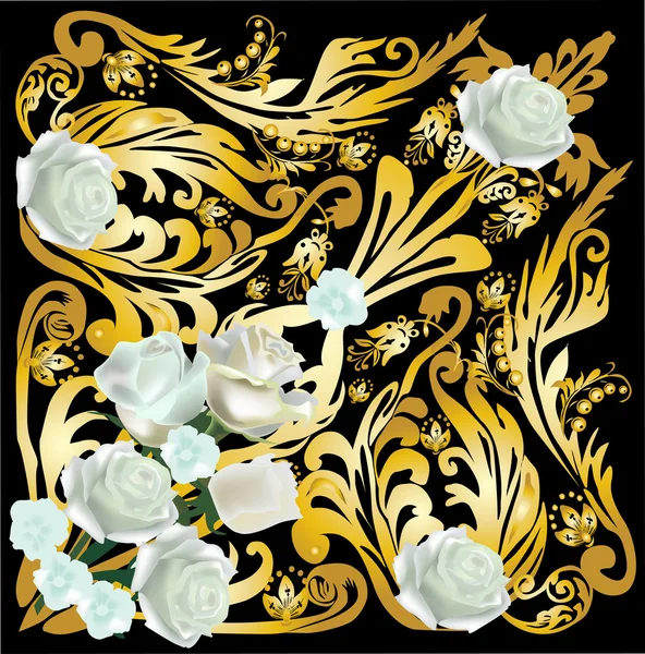 Χρυσή κατσαρά σχεδιασμό με άσπρα τριαντάφυλλα — Διανυσματικό Αρχείο
