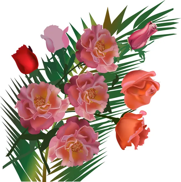 Roze roze bloemen en palm tree bladeren — Stockvector