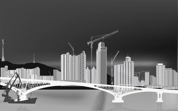 Modern bridge and grey city buildings — Stock Vector