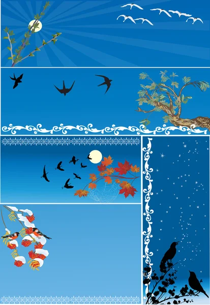 Cinque composizioni con uccelli su azzurro — Vettoriale Stock