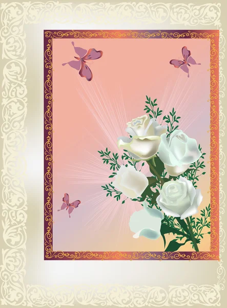 White roses and butterflies in gold frame — Stock Vector