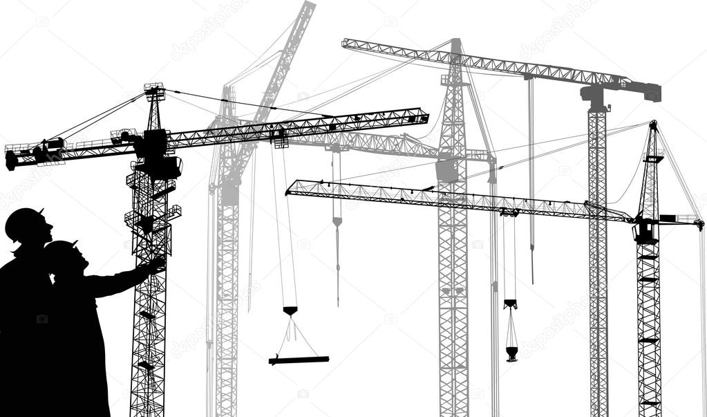labor near cranes isolated on white