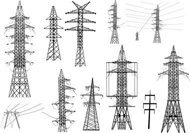 elektrik direkleri üzerine beyaz izole kümesi