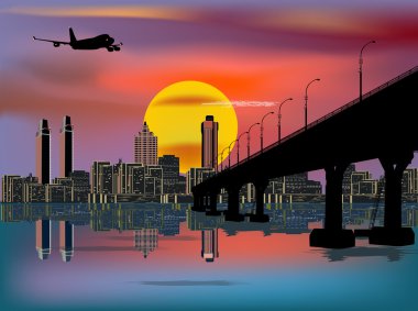 modern kent ve köprü üzerinde uçak