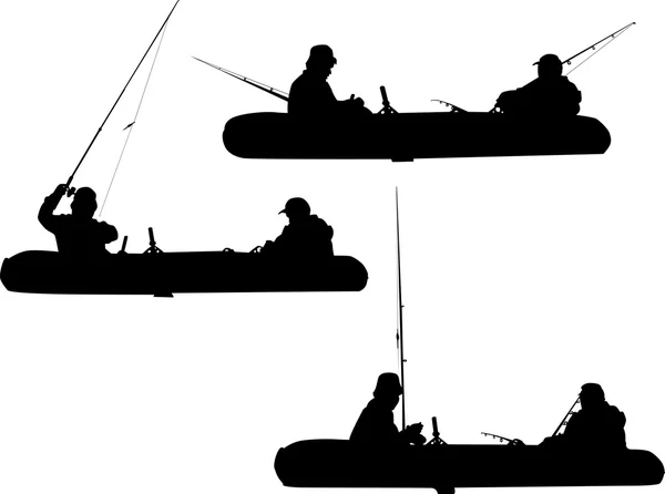 Pescadores en barcos siluetas aisladas en blanco — Vector de stock