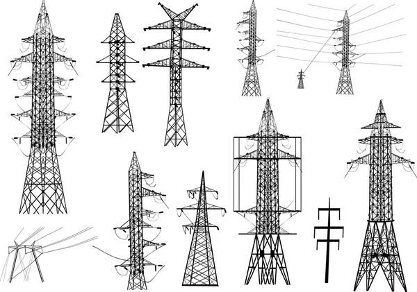 Jeu de pylônes électriques isolés sur blanc — Image vectorielle