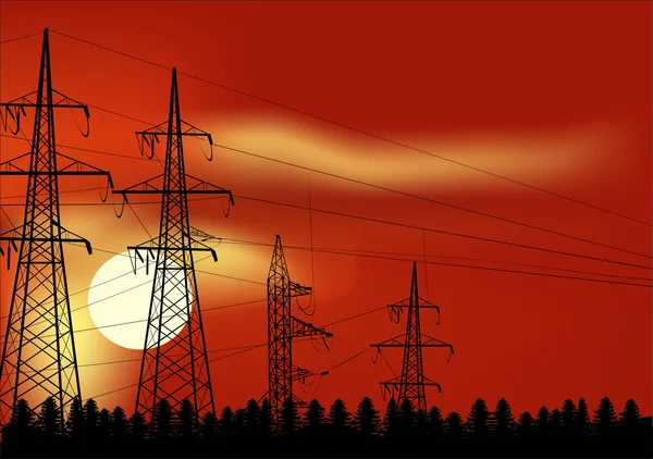 Ligne électrique en forêt au coucher du soleil rouge — Image vectorielle
