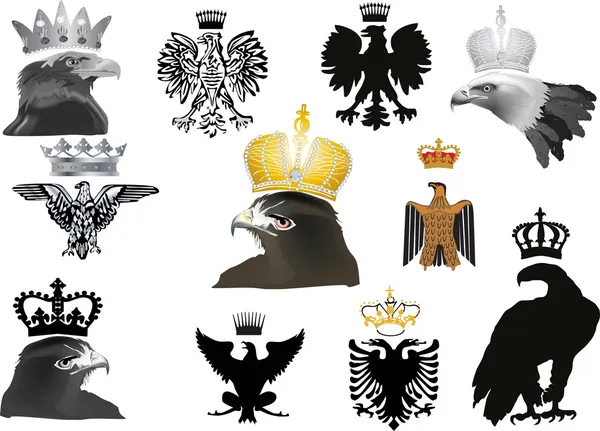 Set of isolated eagles in crowns collection — Stock Vector