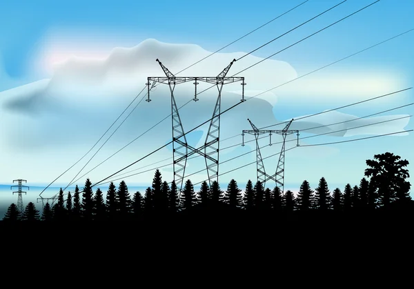 Línea eléctrica en bosque blsck — Vector de stock