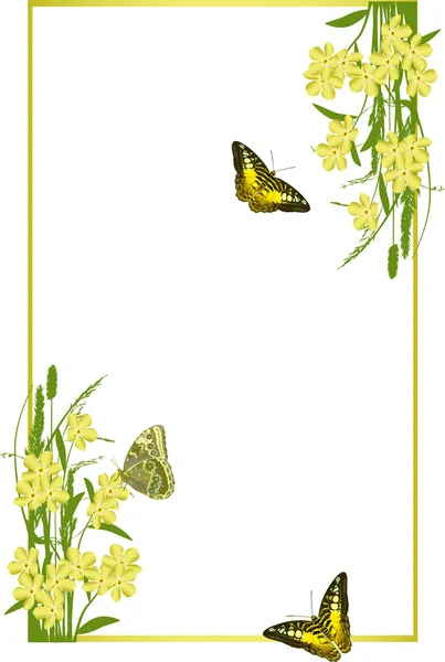 Frame with yellow spring flowers and butterflies — Stock Vector