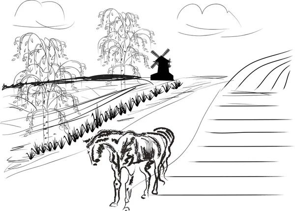 Σκίτσο του αλόγου στο τοπίο της χώρας — Διανυσματικό Αρχείο