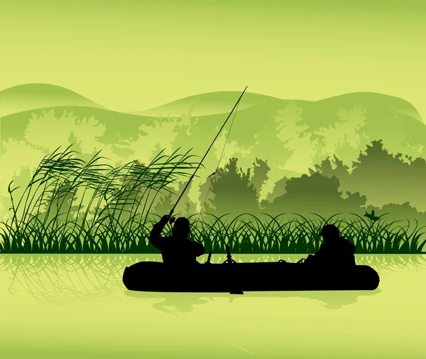 Pescadores en la silueta del barco en el lago del bosque — Vector de stock