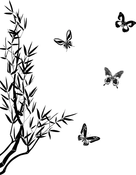 Siluetas de bambú y cuatro mariposas — Vector de stock