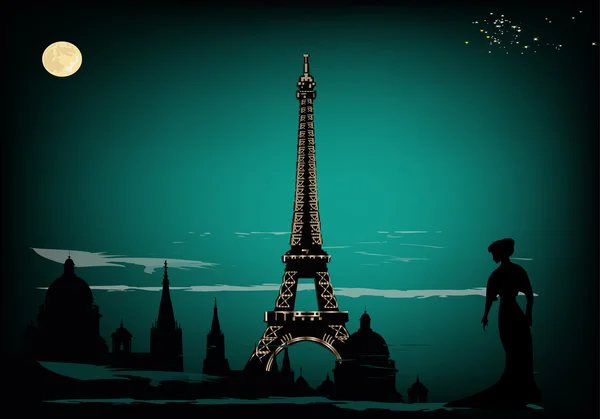 Mujer cerca de la torre eiffel bajo la luna — Vector de stock