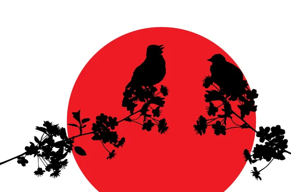 Λουλούδια και πουλιά στο κόκκινο ηλιοβασίλεμα εικονογράφηση — Διανυσματικό Αρχείο