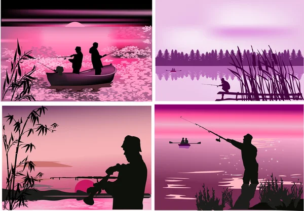 Pescatori vicino ai fiumi al tramonto — Vettoriale Stock
