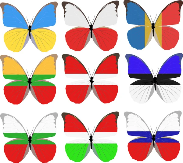 Set of nine butterflies colored in national flags — Stock Vector