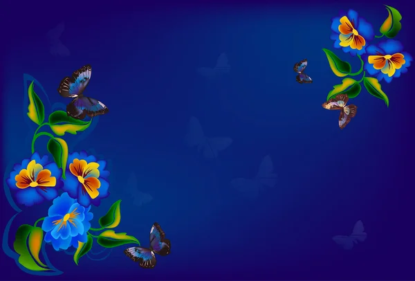 Disegno di farfalle e fiori blu scuro — Vettoriale Stock