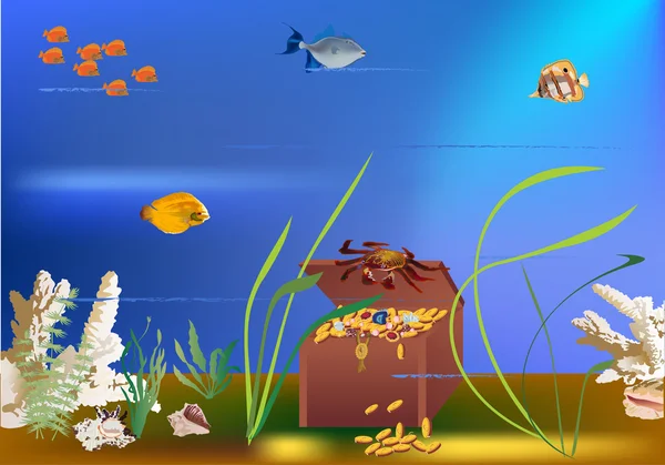 Poklad v modré moře s rybami — Stockový vektor