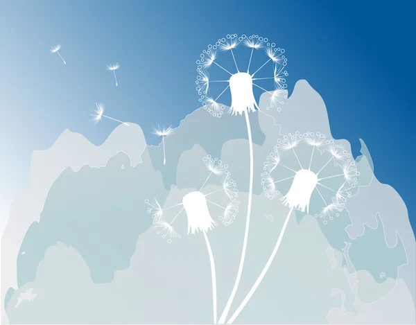 three white dandelions on sky background