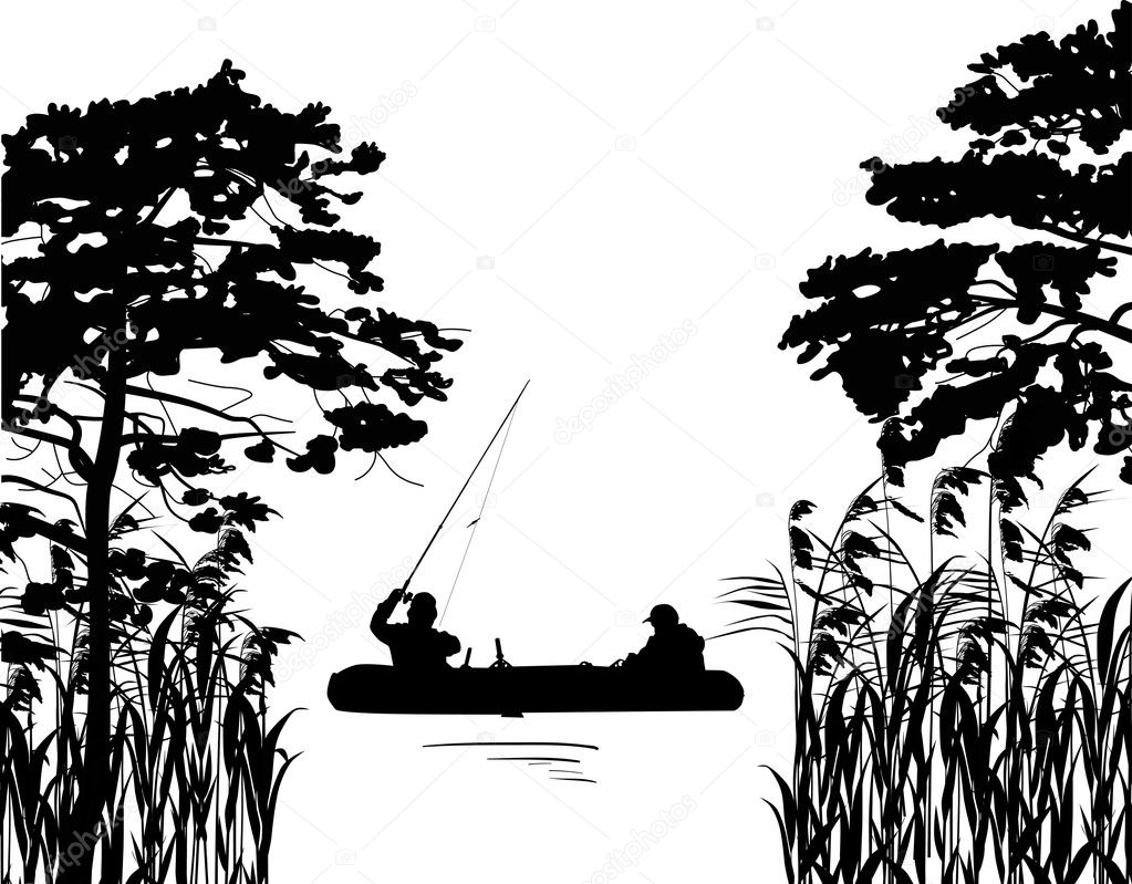 fishermen in boat silhouette between trees