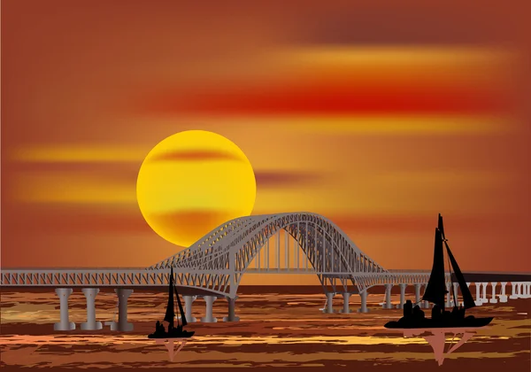 Ponte acima do rio e barco ao pôr do sol — Vetor de Stock