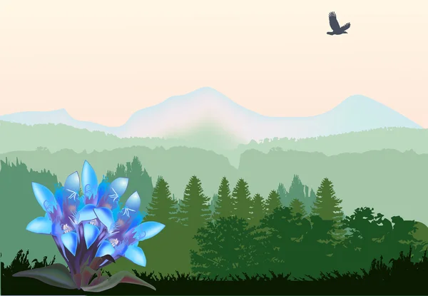 Blaue Blumen in den Bergen Illustration — Stockvektor