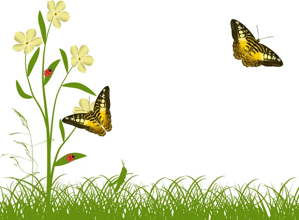 Mariposas amarillas y flores en hierba verde — Vector de stock