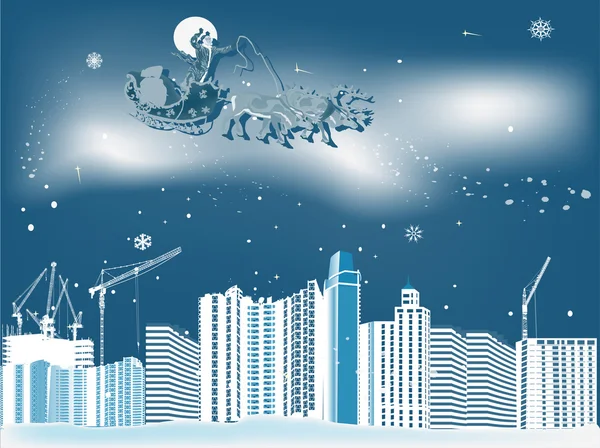 Noel Baba kızağa mavi şehir üzerinde üzerinde — Stok Vektör